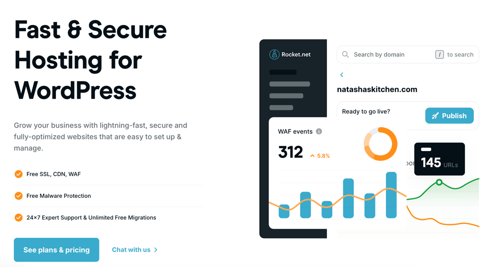 Rocket net homepage showing key benefits of their hosting services