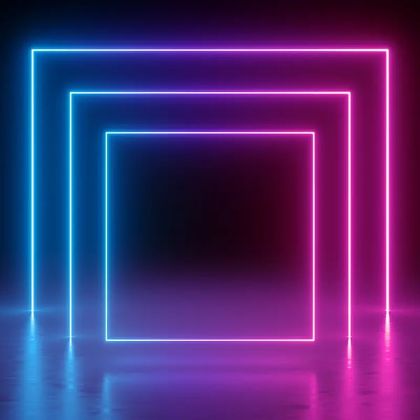 A neon set of LED squares in a dark room, making them glow.