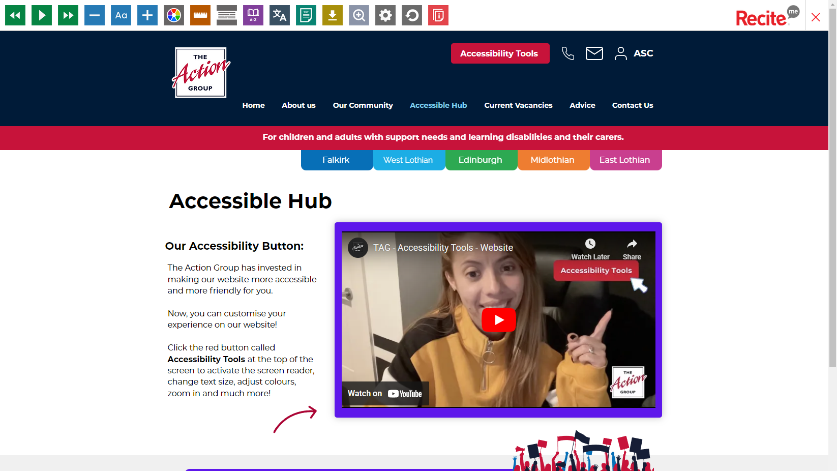 A screenshot of the Accessible hub page on the action group's website showing the accessibility tools available on the website including Recite Me