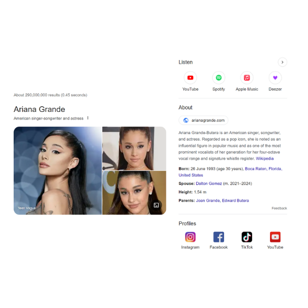 An example of what a knowledge panel that is done by and shown on Google looks like. We've decided to search the famous singer Ariana Grande, and it's displaying a small description about her, her age, spouse, height, parents, pictures, and social profiles.