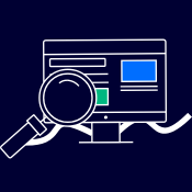 A line illustration of a computer with a magnifying glass over it to represent the SEO services at LoudLocal