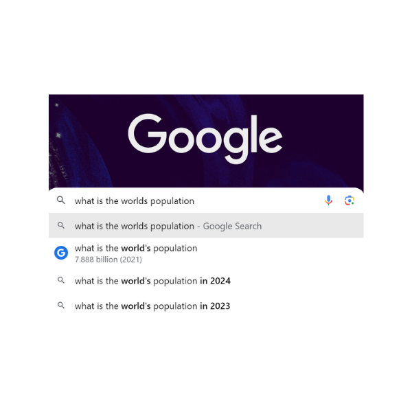 The question 'what is the worlds population'. Underneath is all the guesses Google has added to predict what we are asking, alongside the exact number of the worlds population without having to even press the search button.