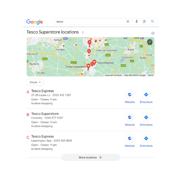 A screenshot taken from Google of a map displaying all the local Tesco's in the area, due to the search being 'tesco'.