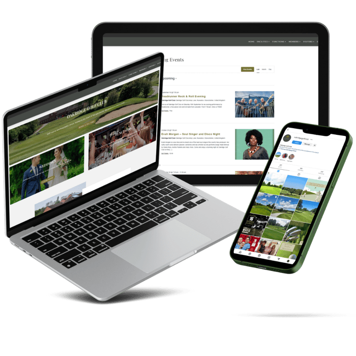 One of our clients, Oakridge Golf Club's website displayed on a phone, tablet, and laptop. 
