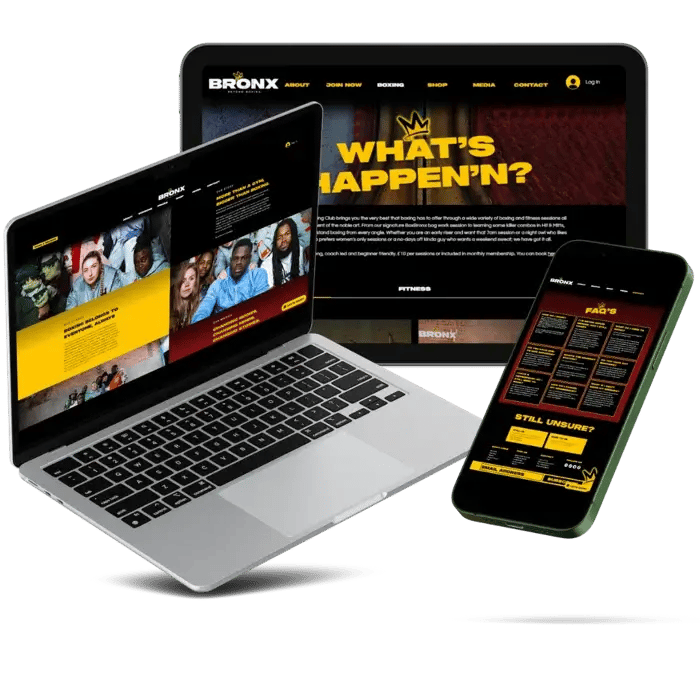Bronx Boxing is a client of LoudLocal, this image shows screenshots of the Bronx website in mockups of desktop, tablet and mobile views showing how responsive the website is. 