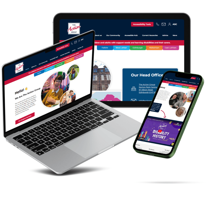 This image shows examples of the Action Group website across different devices including laptop, tablet and mobile 