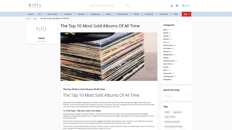 HiFix is a client of LoudLocal, this image is of a screenshot of one of their blogs on their new website about 'The Top 10 Most Sold Albums of All Time'