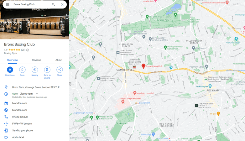 A screenshot showing the google my business profile of Bronx Boxing Club on Google maps