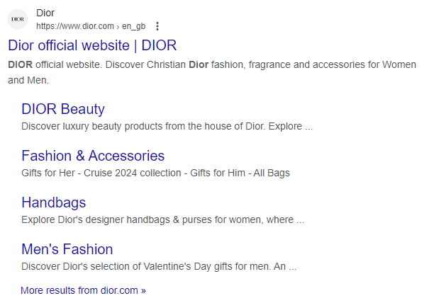 A screenshot from Google displaying Dior's name with several options underneath consisting of Dior Beauty, Fashion & Accessories, Handbags, and Men's Fashion. Each has a small sentence underneath advertising the page.
