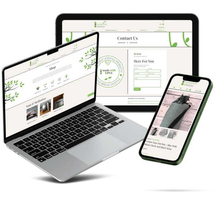 Equilibrium Lifestyle is a client of LoudLocal. This image shows screenshots of the Equilibrium Lifestyle website LoudLocal create in mockups to show a desktop, tablet and mobile view to demonstrate it's responsiveness