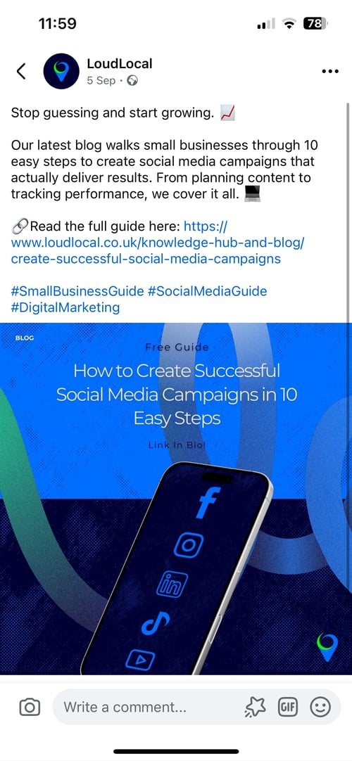 A screenshot of LoudLocal's Facebook, specifically a post talking about another blog titled 'how to create successful social media campaigns in ten easy steps'.