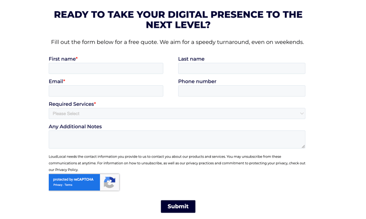 An example of a website form. Containing questions such as first name, last name, email, phone number, required services, and asking if there are any additional notes.