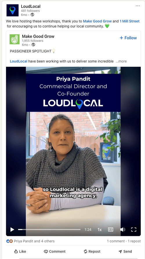 A LinkedIn post by LoudLocal, specifically thanking 'Make Good Grow'.