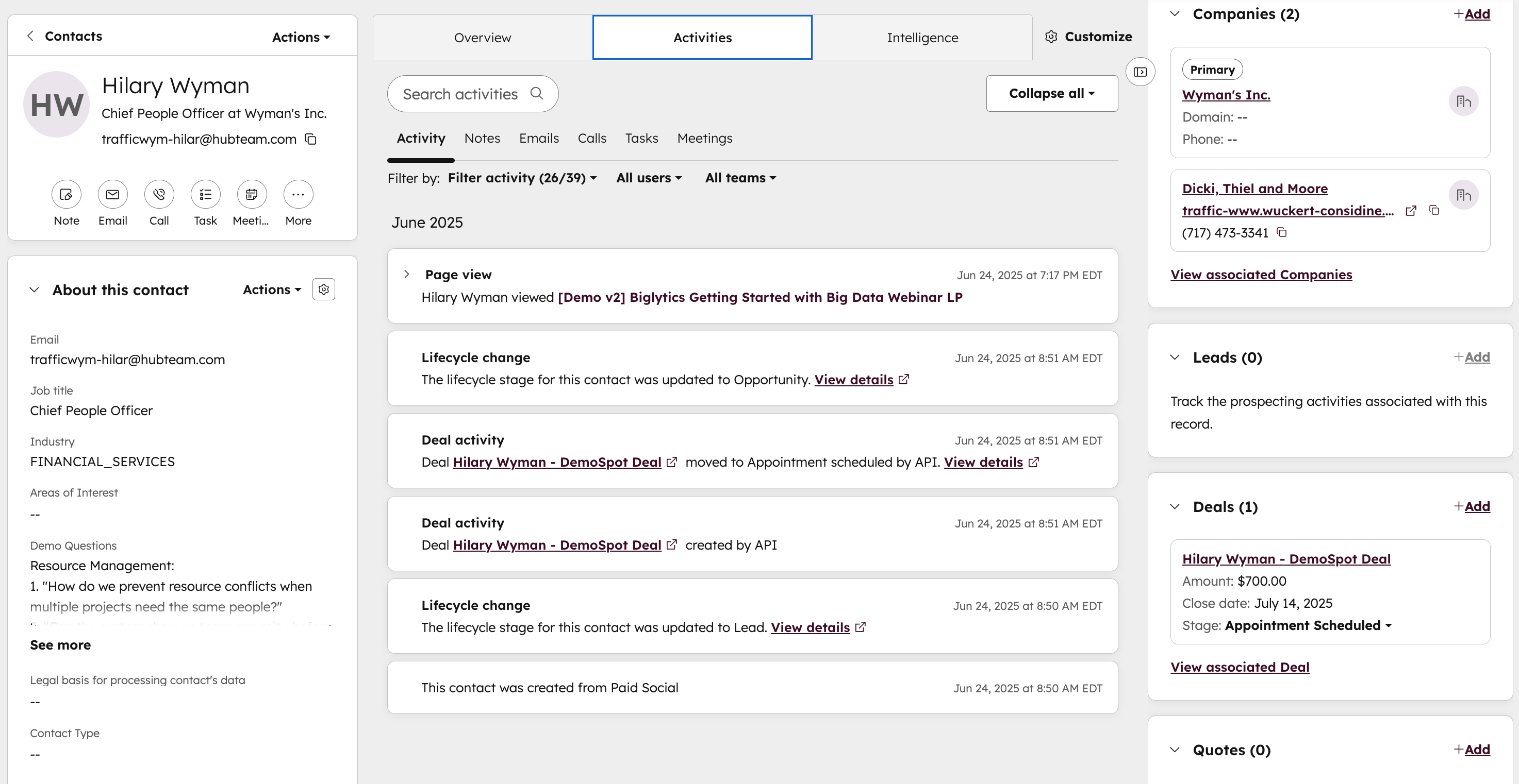 HubSpot product example showing a contact record and activity timeline.