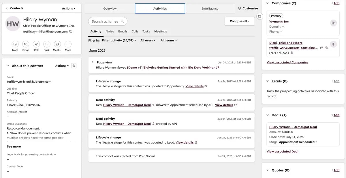 HubSpot CRM example showing a contact record and activity timeline.