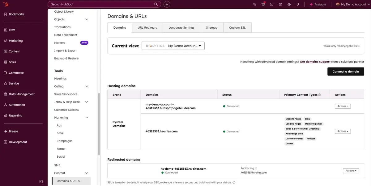 HubSpot Content Hub example showing the domain management screen.