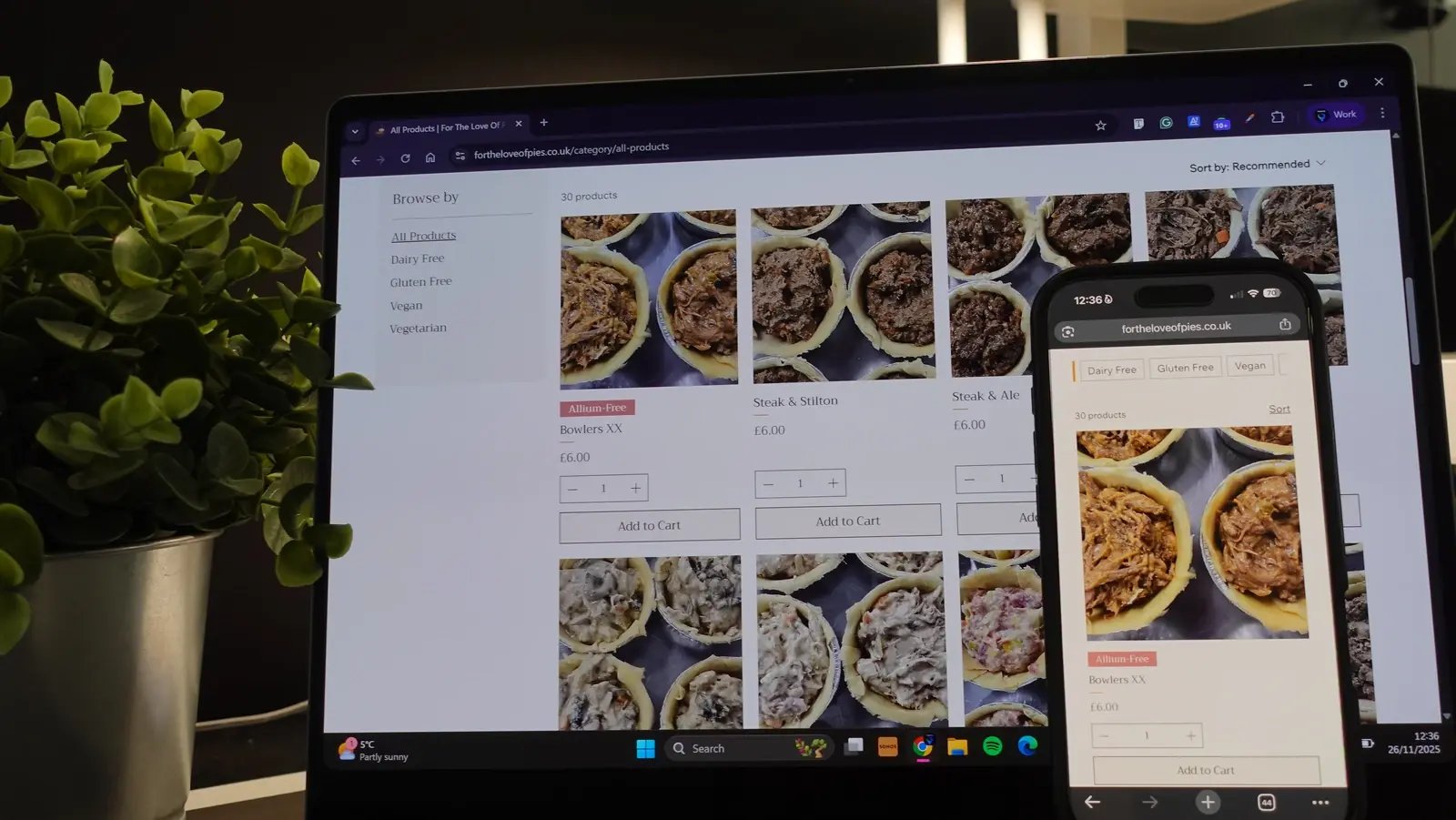 The For the Love of Pies online shop displayed on a phone and laptop.