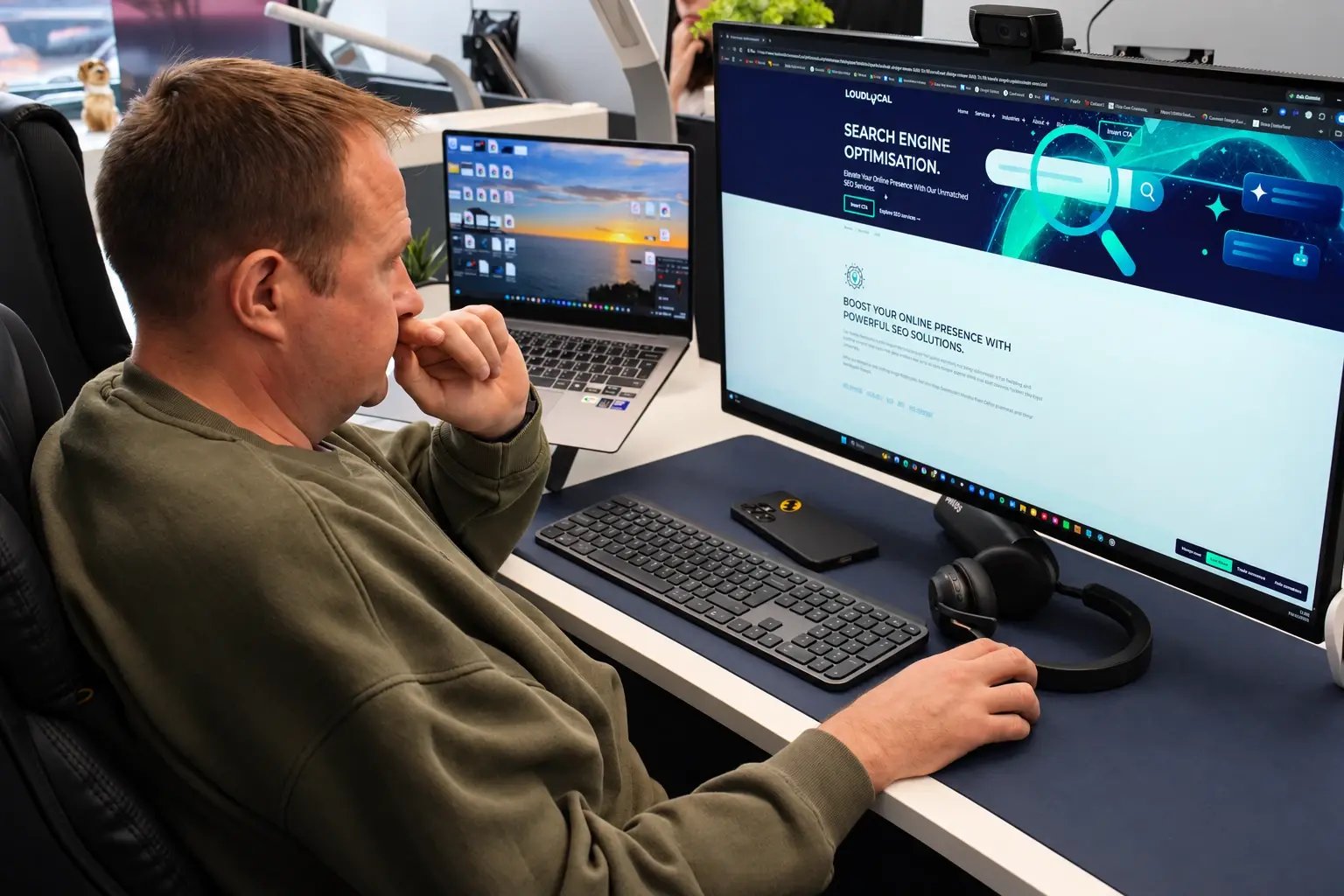 Leon Hidderley reviewing the LoudLocal website at his desk.
