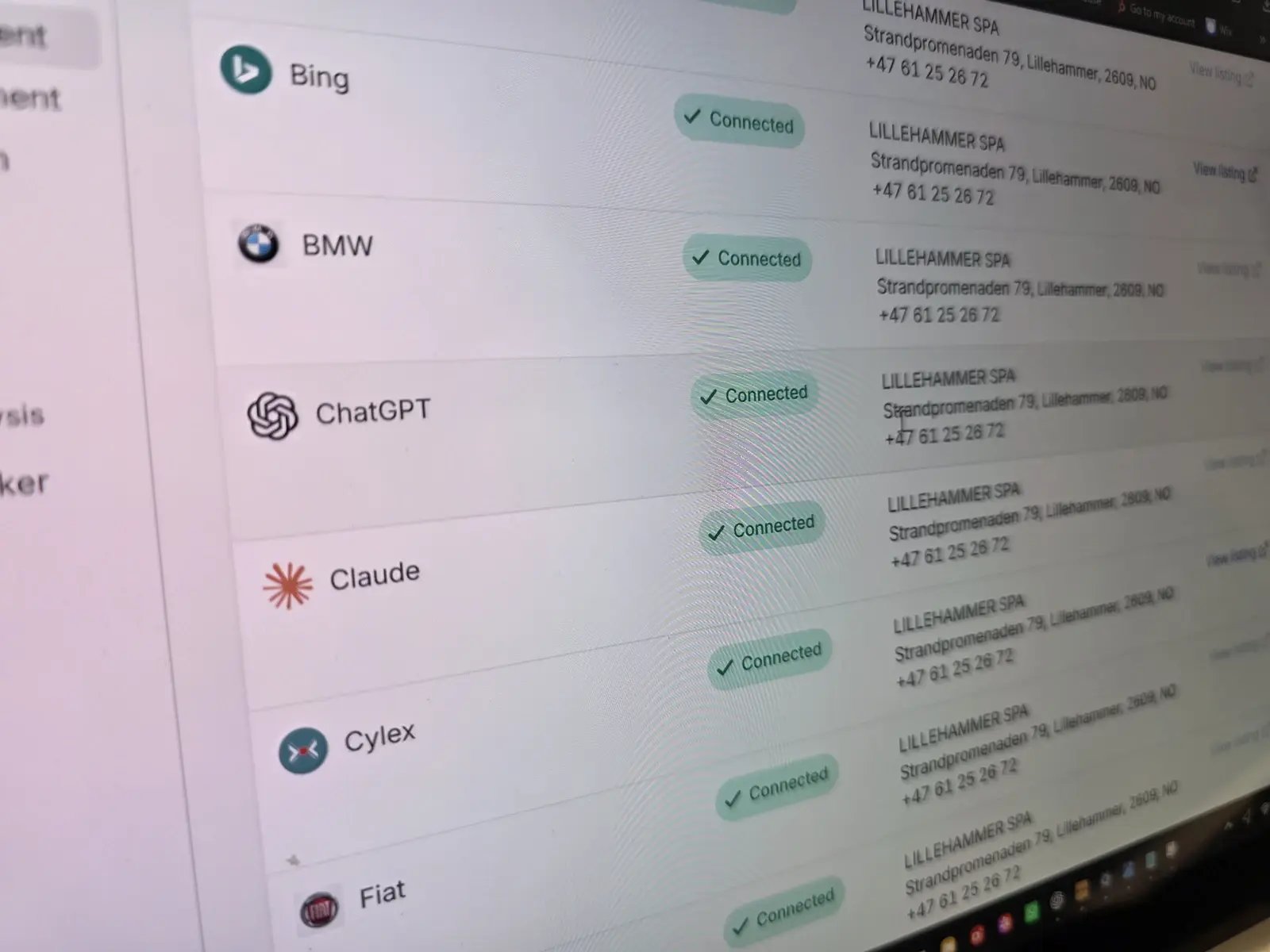 Lillehammer Spa's local listing-management dashboard showing connected platforms.