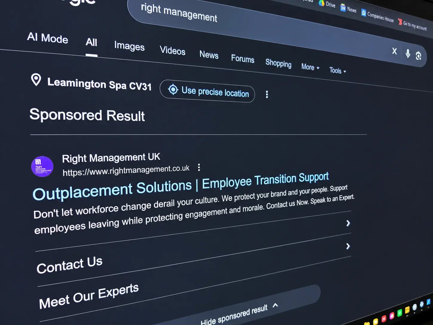 A sponsored Google search result for Right Management UK.