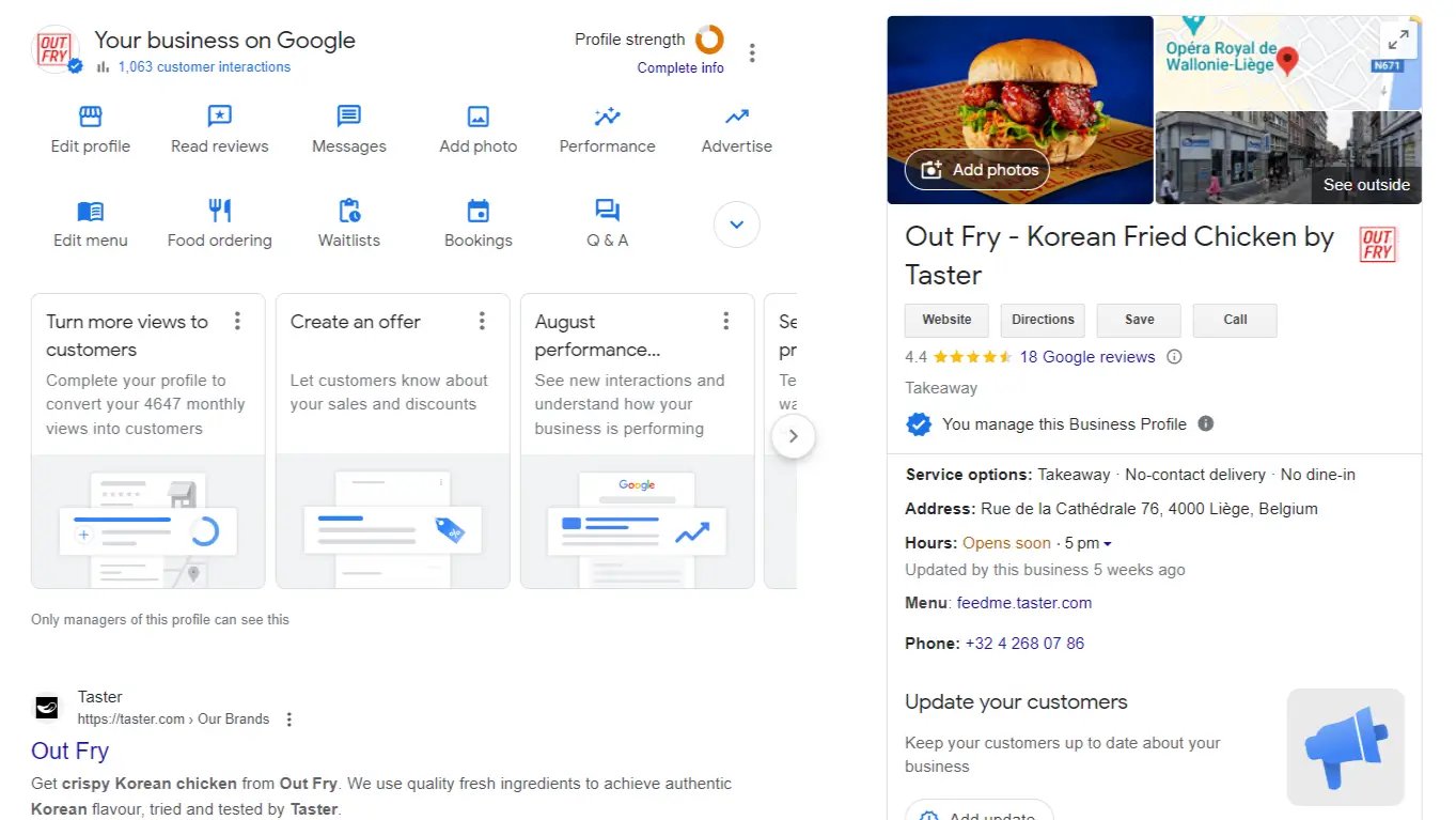 An image to show the google my business page for one of Out Fry's restaurant locations. 