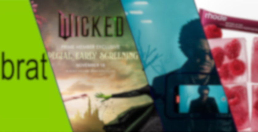 A blurred image featuring campaigns from throughout the blog such as Brat by Charli XCX, Wicked The Movie, The Weeknd's Dancing In The Flames Music Video Using iPhone, and Rhode