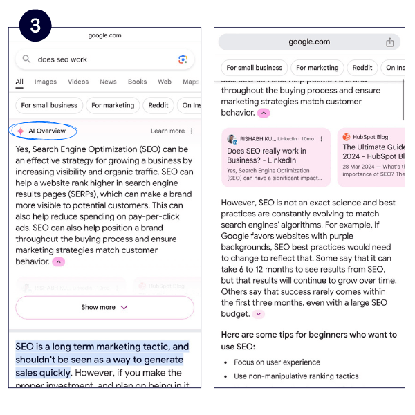 The second part of what SGE looks like. On the left side of the image, it has the answer to the question 'does SEO work?' with the title 'AI overview'. On the right hand side, is the information continued with links to other websites. 