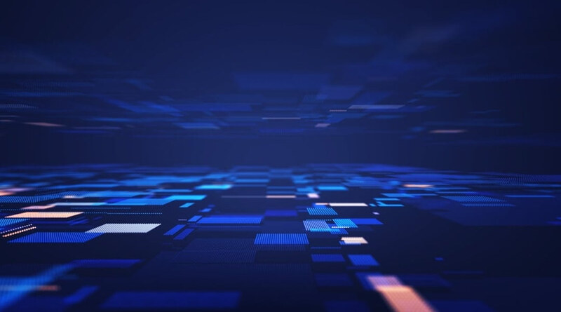 Abstract panoramic background featuring glowing blue and orange digital data tiles extending toward a central horizon line.