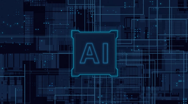 A navy blue background image of an AI chip, with lines sprawling out in every direction.