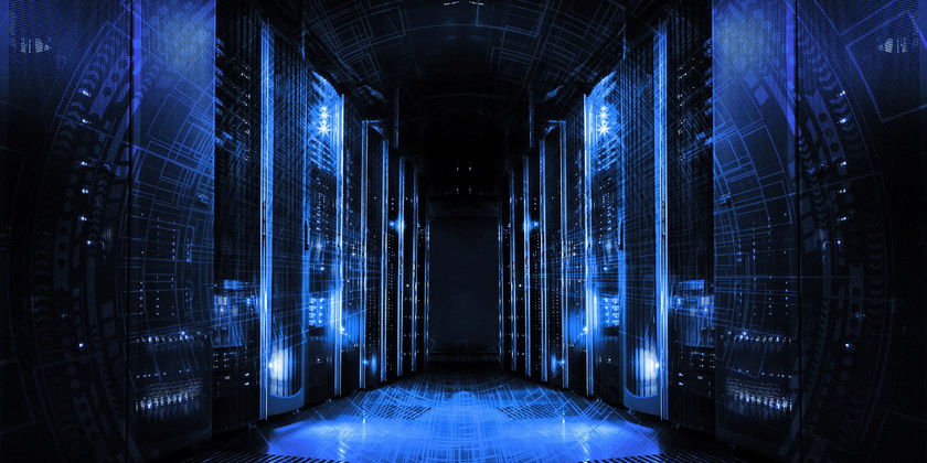 Server room in black and dark blue representing a cloud based server host