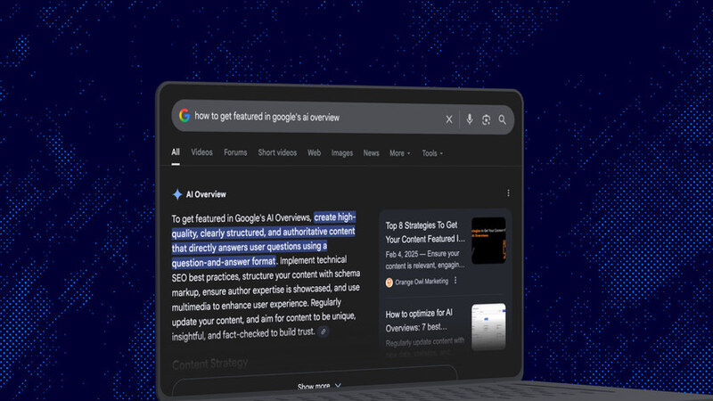 Laptop displaying a Google AI Overview search result, surrounded by blue dotted graphics on a navy background.