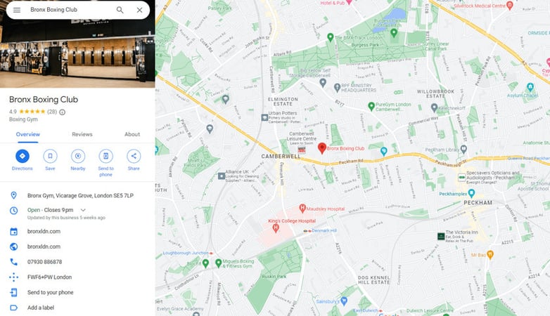 A screenshot showing the google my business profile of Bronx Boxing Club on Google maps