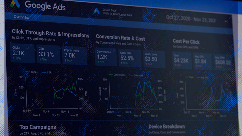 Google Ads dashboard showing clicks, impressions, conversions and cost-per-click charts, with a navy and blue dotted overlay.