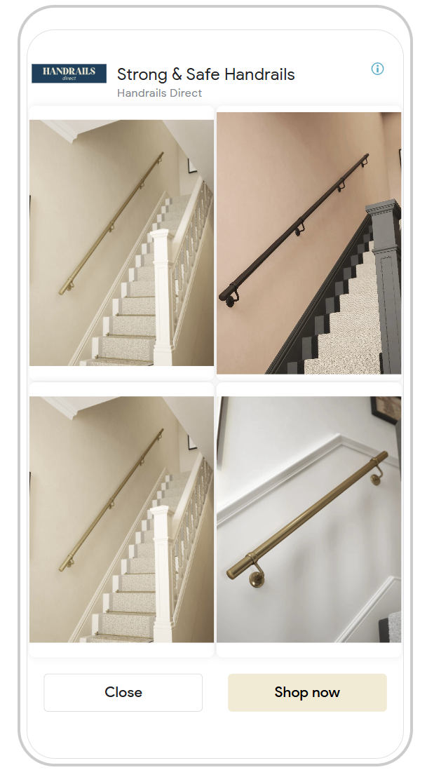 Handrails Direct ad preview showing four staircase photographs with gold-coloured and dark handrails.