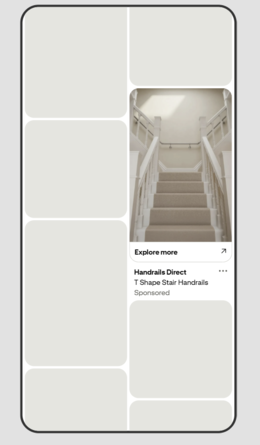 Handrails Direct Pinterest ad preview showing a staircase with gold-coloured handrails on both sides.
