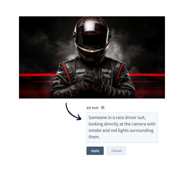 someone in a race driver suit, looking directly at the camera with smoke and red lights surrounding them