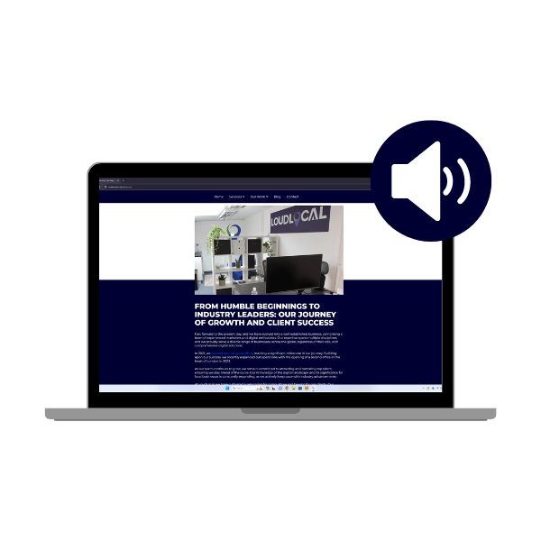 A laptop graphic which displays the lloudlocal website. Ontop of the laptop, in the corner, is a small speaker to indicated the page is being spoken with an audio feature