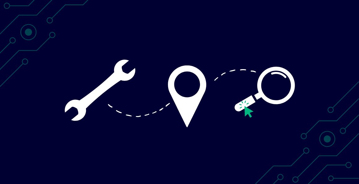 Spanner, local sign and a magnifying glass on a dark blue background