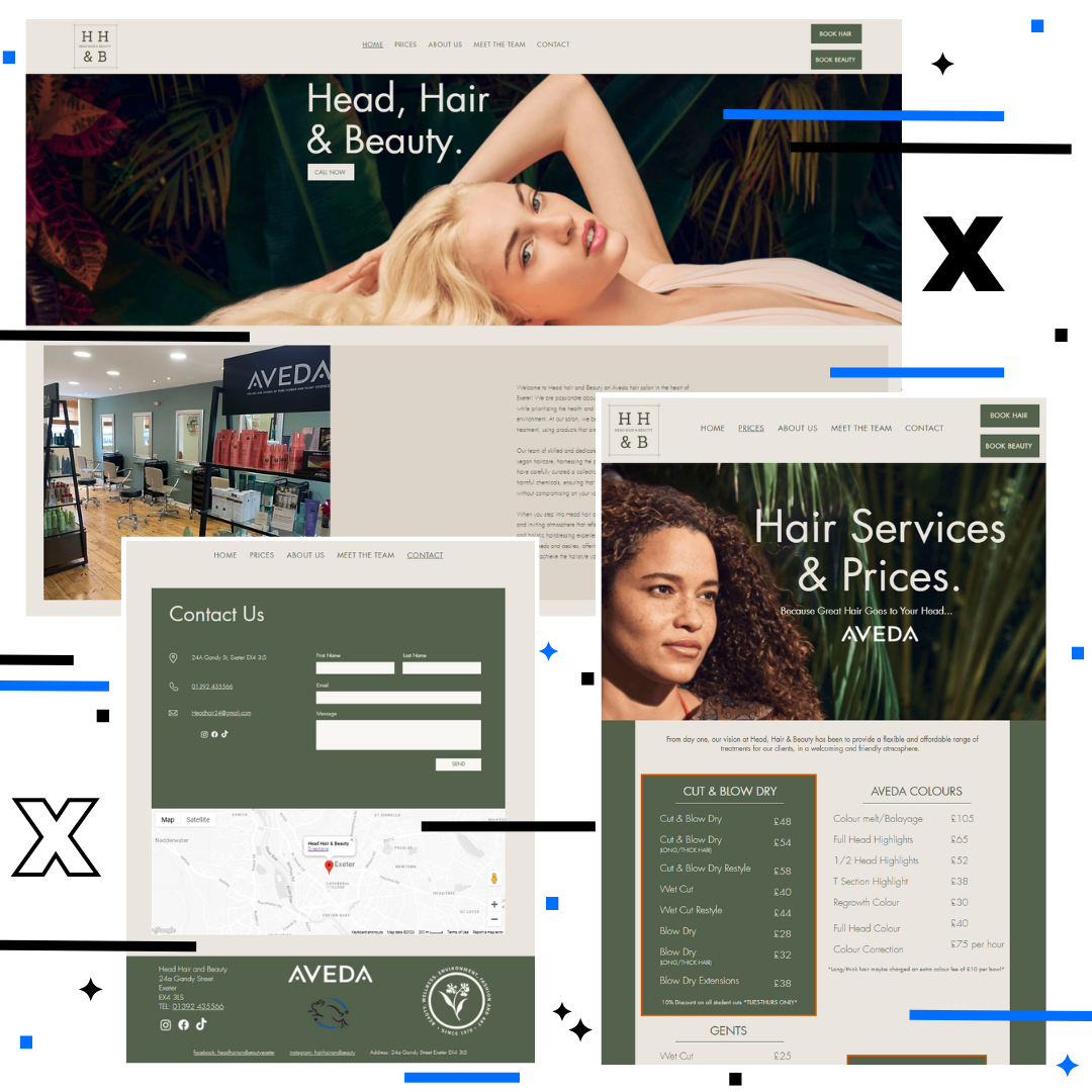 Website designed using Wix studio for a hair and beauty client in Exeter -The website is green and beige, with images of modules.  The design is showing the different breakpoints that the site can appear to show the responsiveness on mobile, desktop and tablet. 