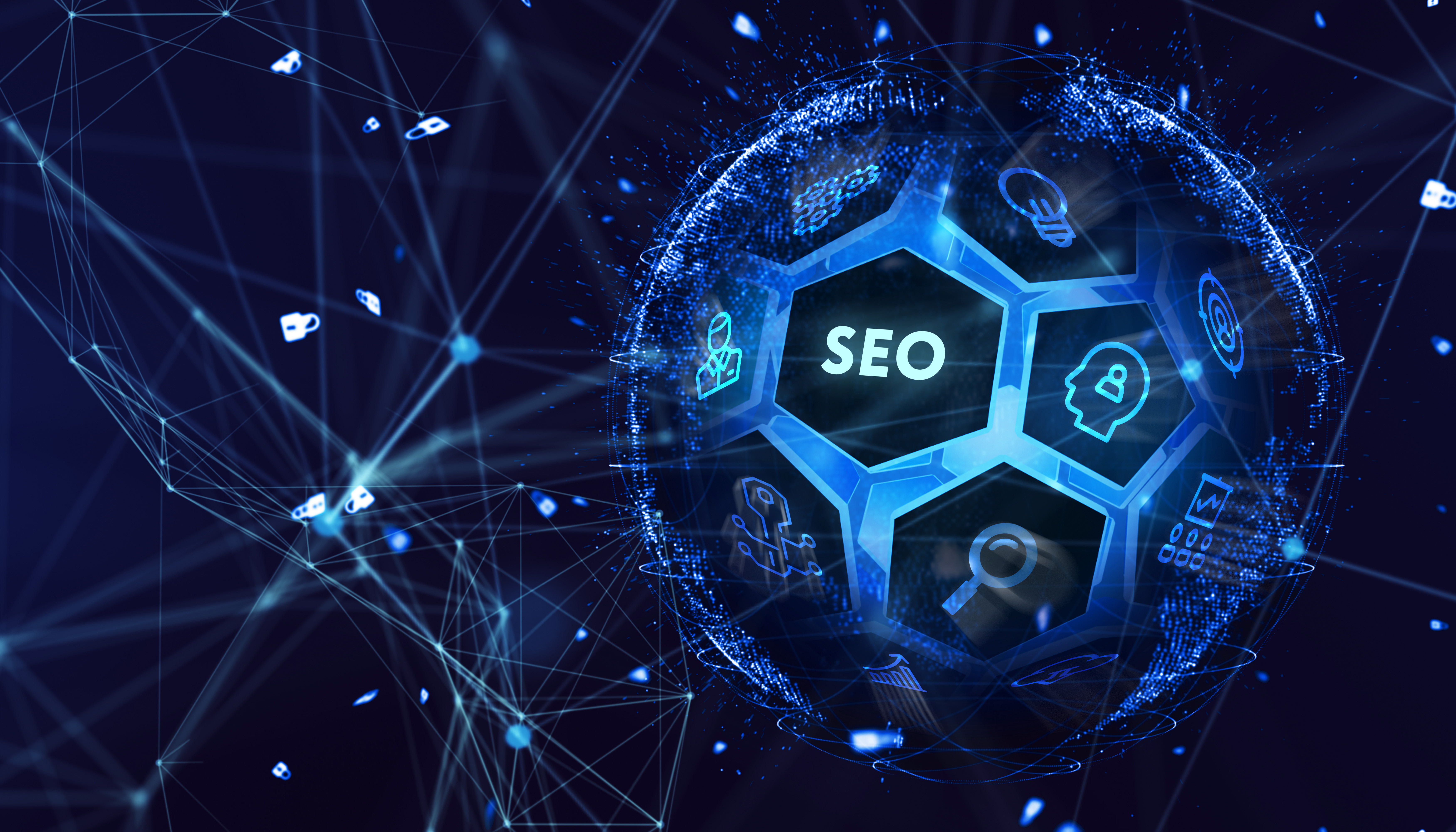 An graphic of a bright blue sphere with the words 'SEO' inside. Surrounding are light blue lines connected with dots with a navy blue background.