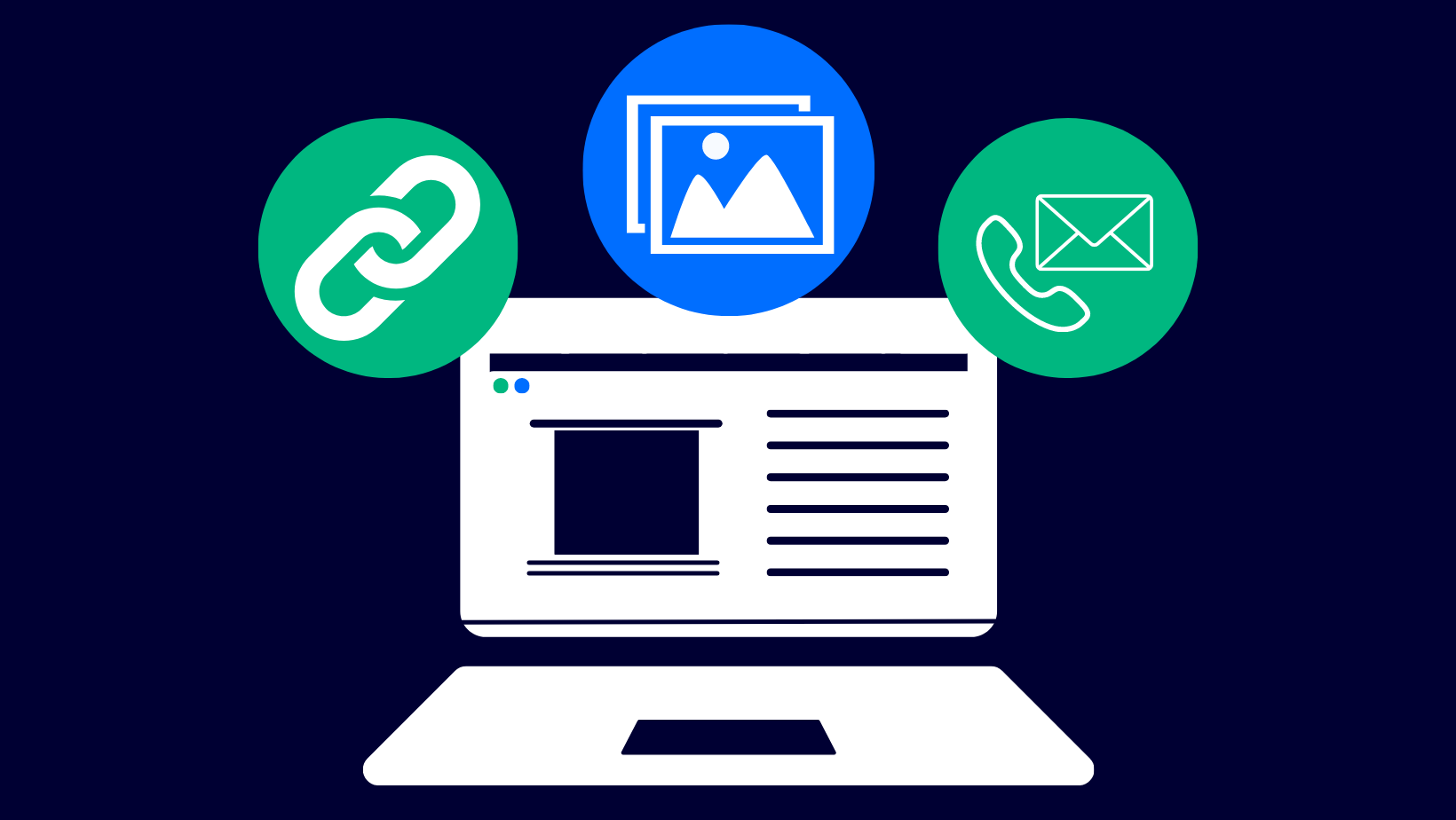 An image with an illustration of a white laptop with blue and green circles above, one representing links, one representing images and one with a phone and envelope to represent email