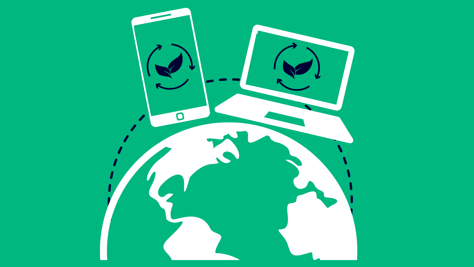 An image with an illustration of the earth and a phone and laptop above representing going green with digital marketing