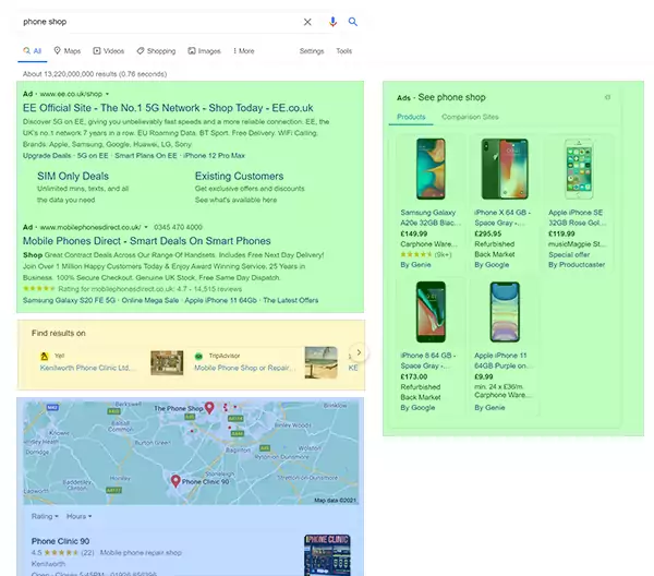 Local intent search on Google search engine showing local results