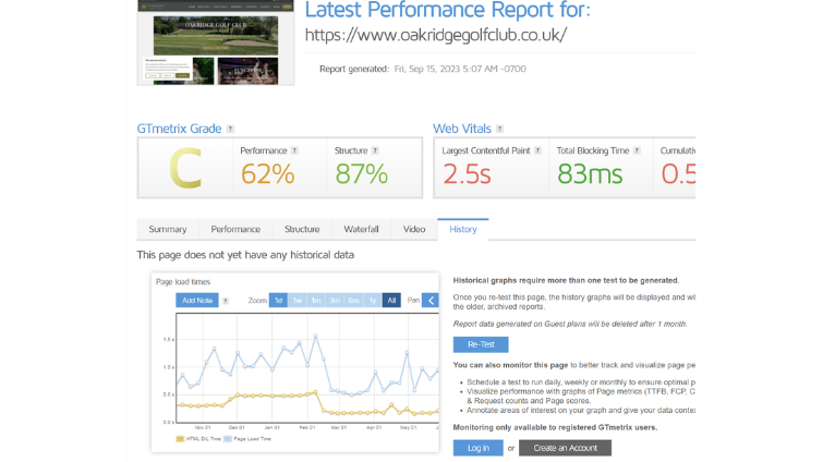 Oakridge Golf Club is a client of LoudLocal, this image shows a screenshot of the speed test done on Oakridge's home page since LoudLocal began on the site, it shows how their performance has improved from a grade E to a grade C. 