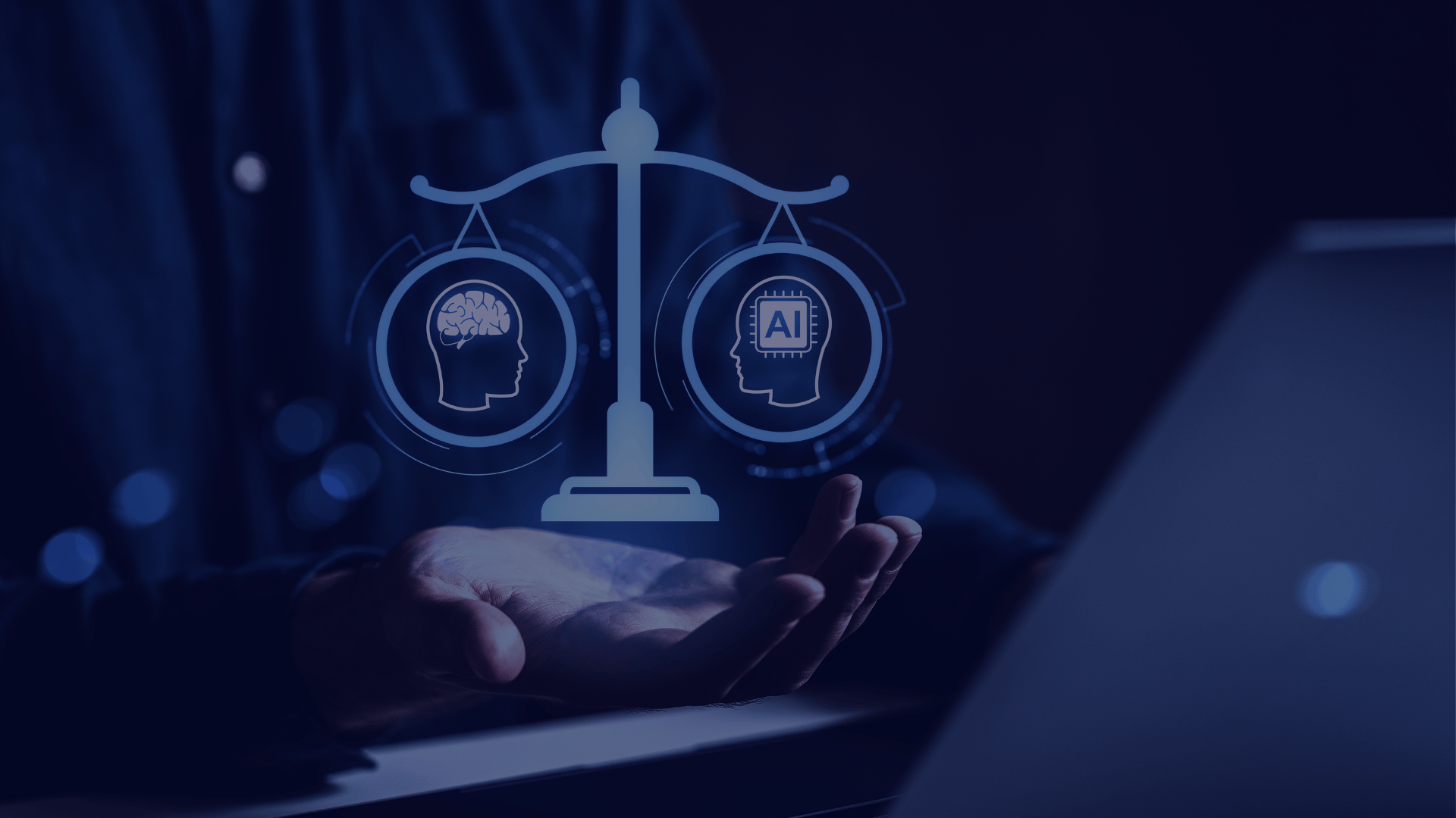 Dark blue-toned conceptual image showing hands holding a digital graphic of a balanced scale. One side of the scale features a silhouette icon of a human head with a brain, while the other side features a head icon with an AI microchip, representing the balance between human intellect and artificial intelligence.