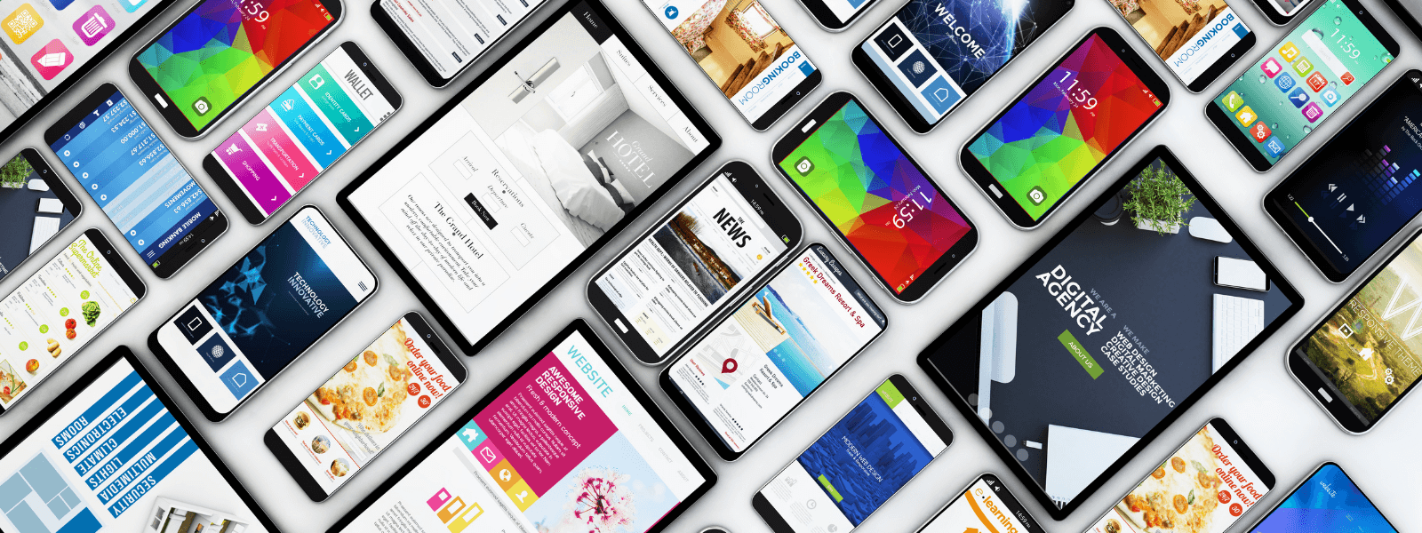 An image of a variety of phones and tablets laid out with various e-commerce websites on their screens
