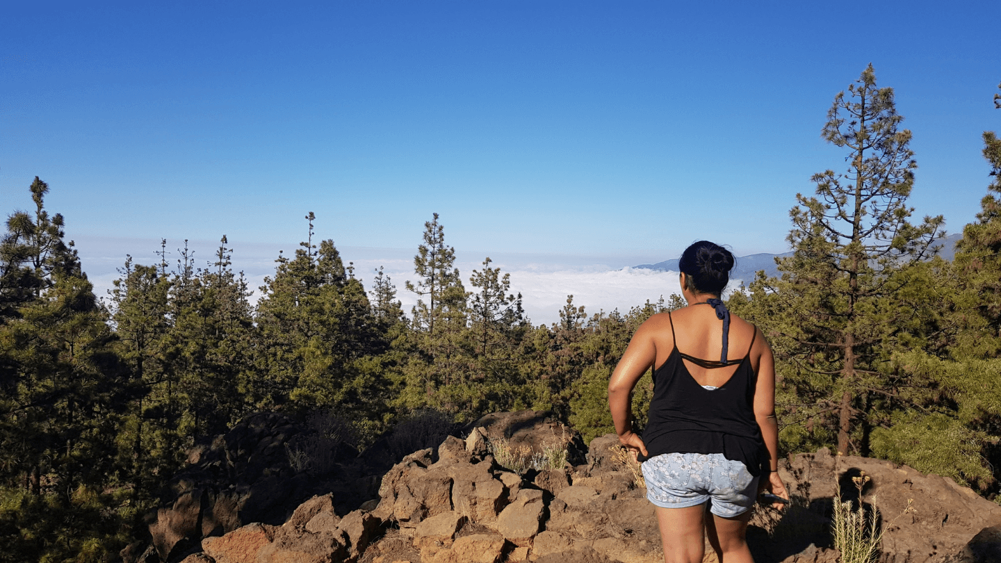 Priya pandit loudlocal commercial director standing atop mountain tiede in Tenerife, overlooking clouds and green trees.  Priya is wearing a black top and blue denim shorts.  It is a sunny day.