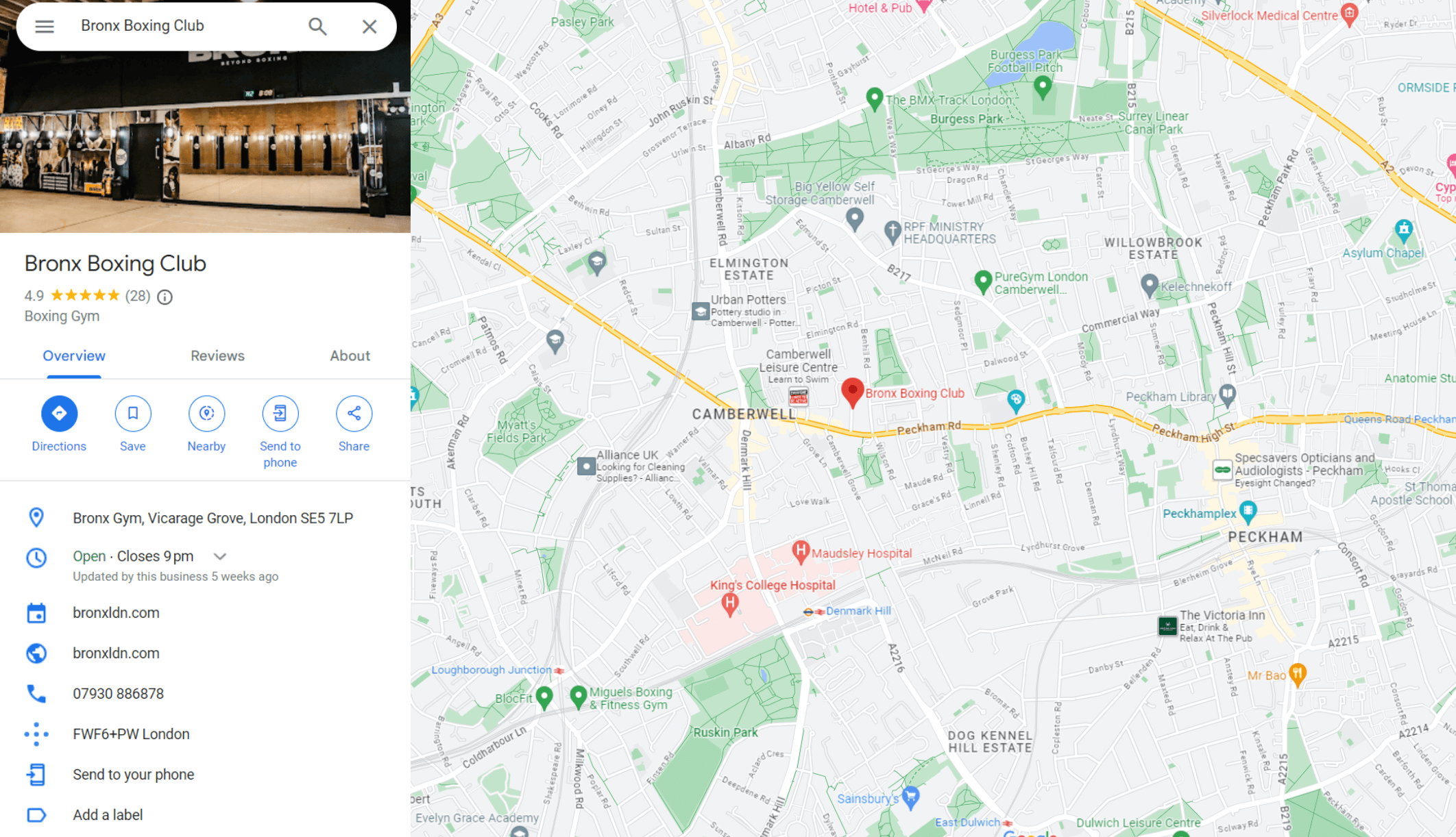 A screenshot showing the google my business profile of Bronx Boxing Club on Google maps