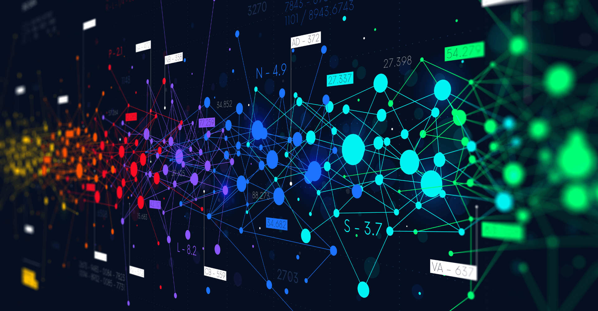Image showing topic clusters against a dark background.  Image uses neon colours like red, blue, light blue and purple and has various circles with lines linking to the each other to demonstrate a cluster. 