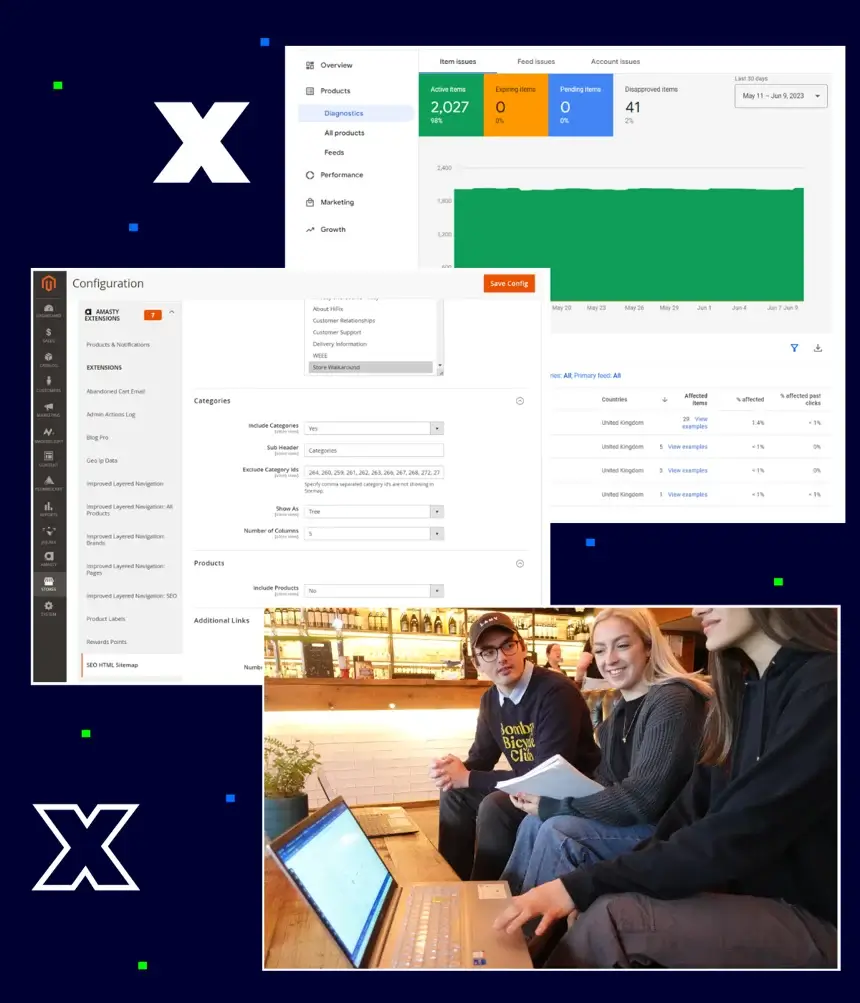 The Magento dashboard with Google merchant centre in the background, showing client work we did on e-commerce SEO.  Also includes a picture of the LoudLocal team using SEMrush in a local pub